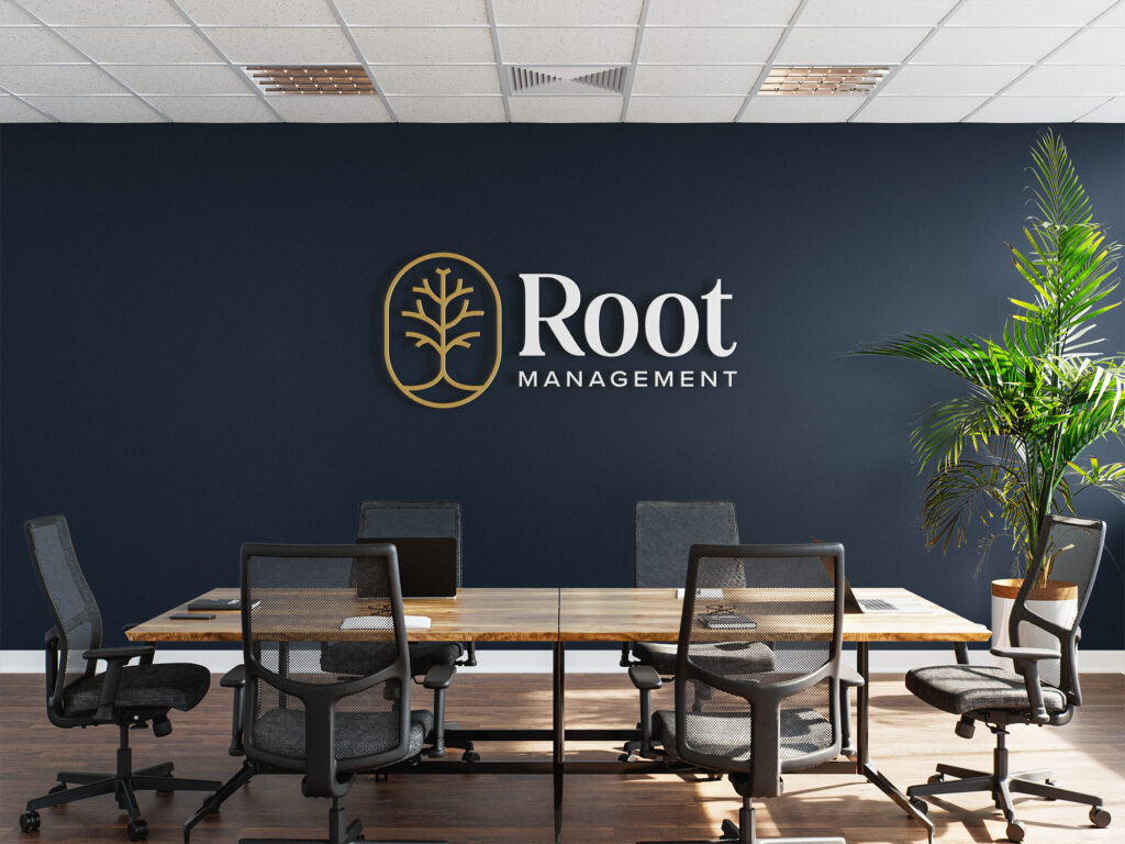 Root Management's New Logo Design + Brand in a Conference Room